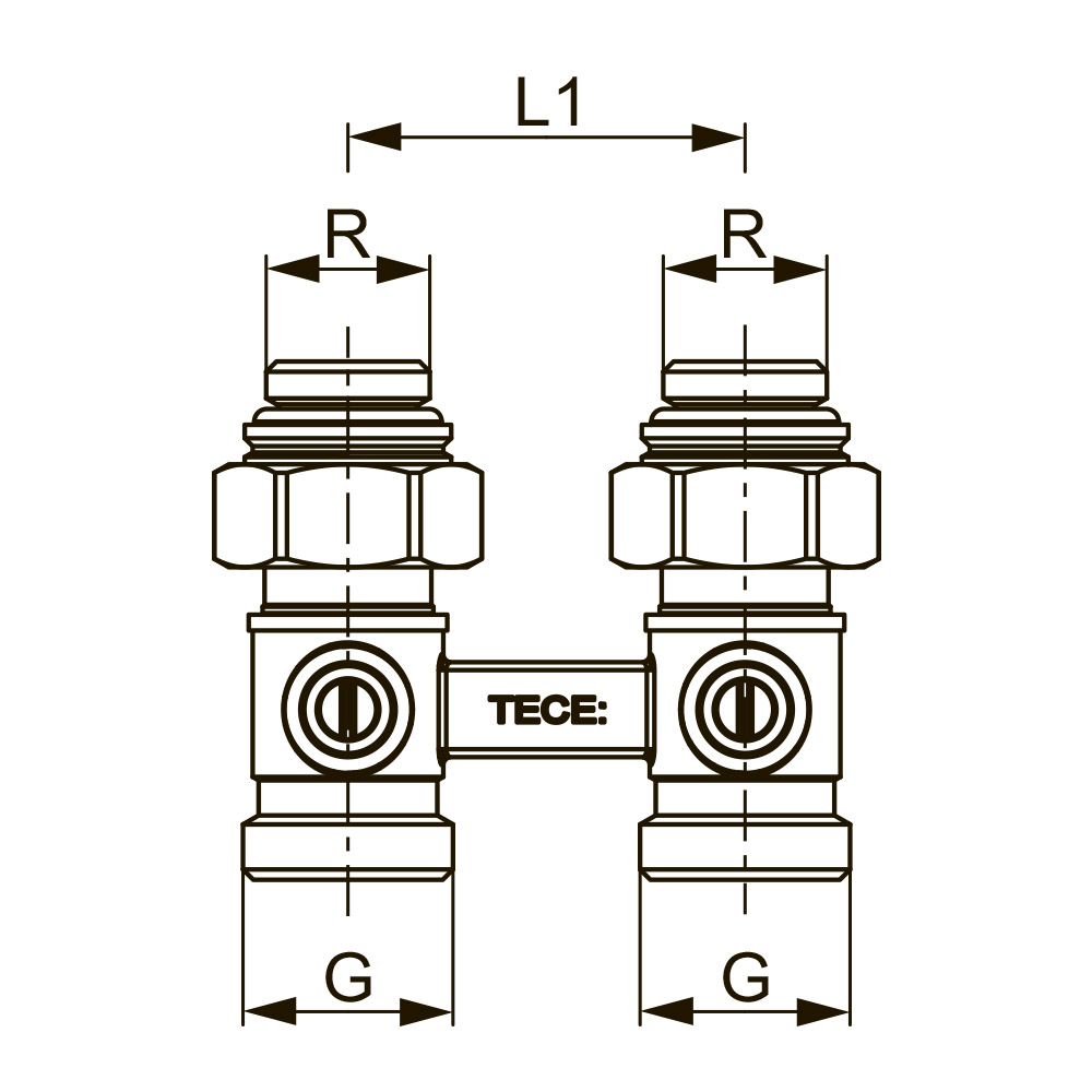 Запорно-присоединительный узел для нижнего подключения радиаторов 1/2" MT, проходной, 3/4" EC x R 1/2" TECE 8740437