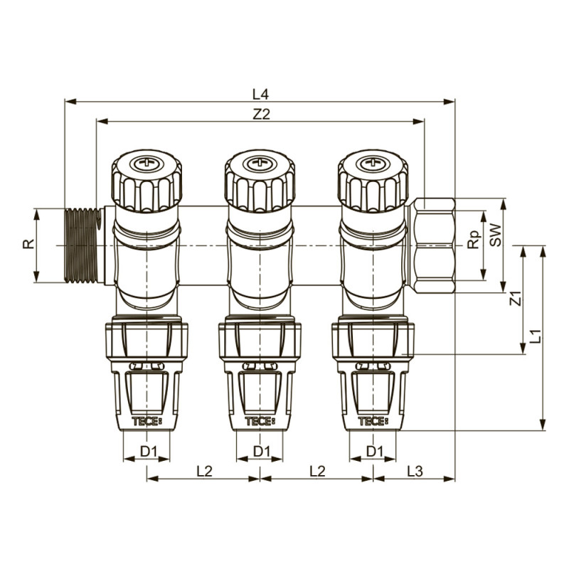 Коллектор с запорными вентилями, 2 контура, 3/4" x 16 TECElogo-Push 8730008