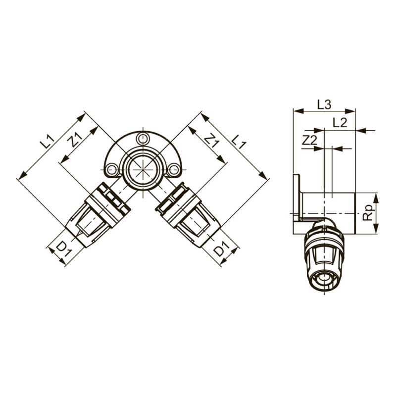 Тройник угловой с настенным креплением, латунь 16 x Rp 1/2" x 16 TECElogo-Push 8620007