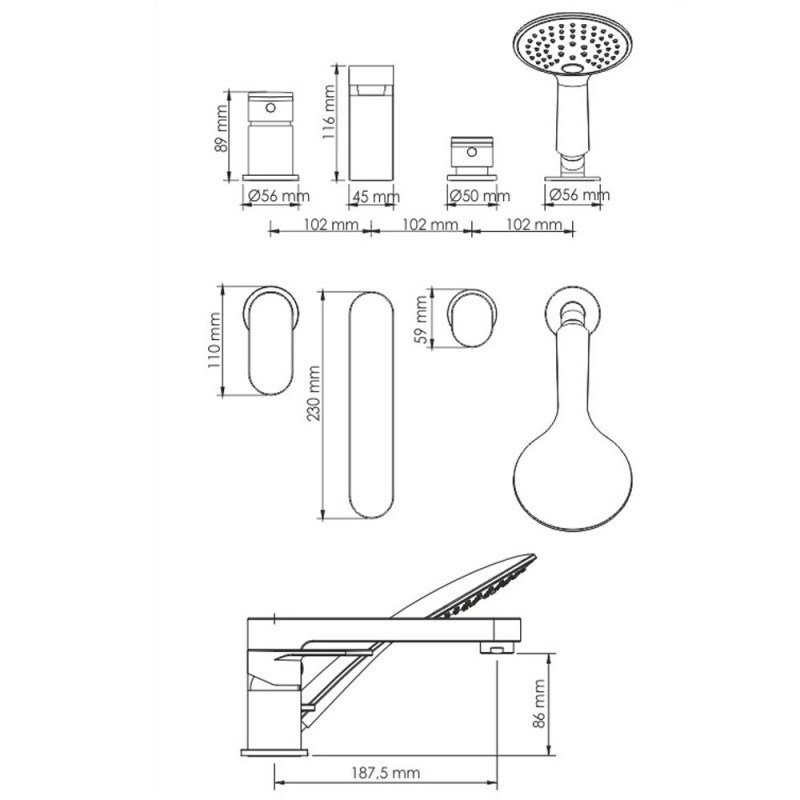 Смеситель на борт ванны 4 отверстия WasserKRAFT Elbe 7455